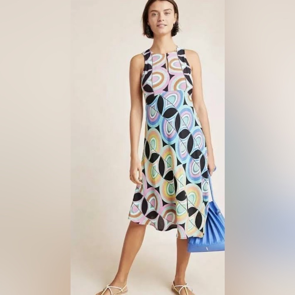 NEW Anthropologie Kenzie Multicolor Mod Print Asymmetrical Midi Dress Sz 4
